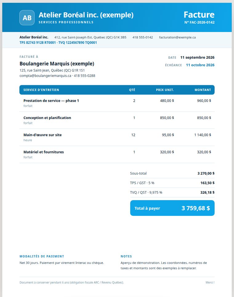 Facture d'exemple : en-tête avec le nom de l'entreprise, quatre lignes de service, sous-total, TPS, TVQ et total à payer.