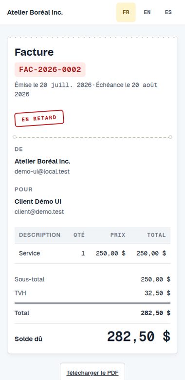 Page de facture vue sur un téléphone : numéro, montant, détail des lignes et solde dû.